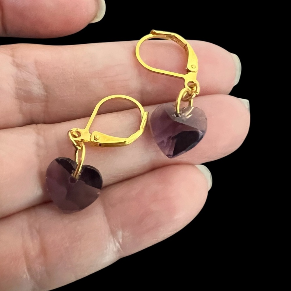 Purple Crystal heart earrings Gold plated